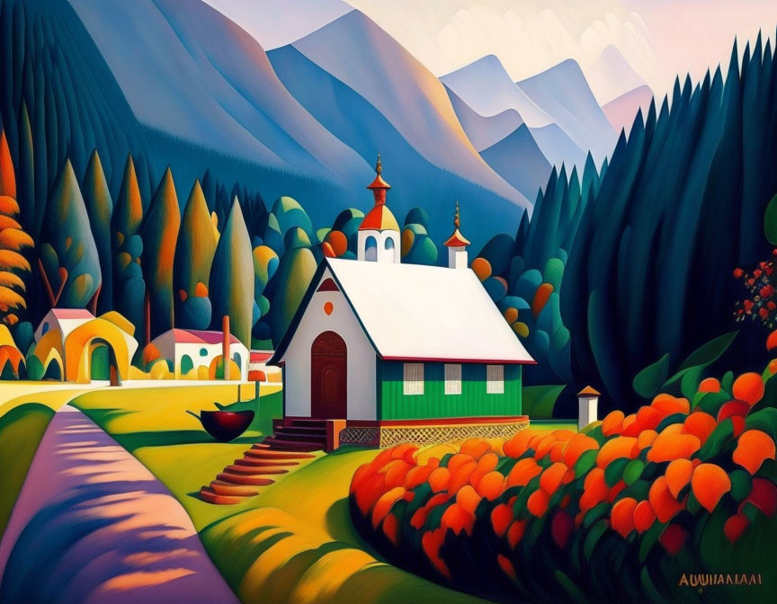 Colorful painting of quaint church in vibrant landscape