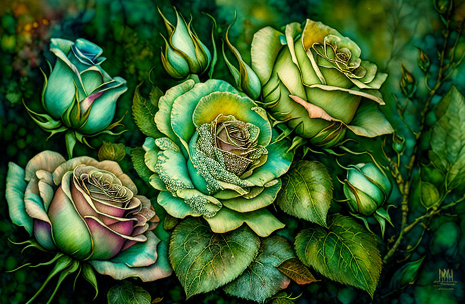 Colorful digital artwork: Teal and green roses with dew drops on dark green background