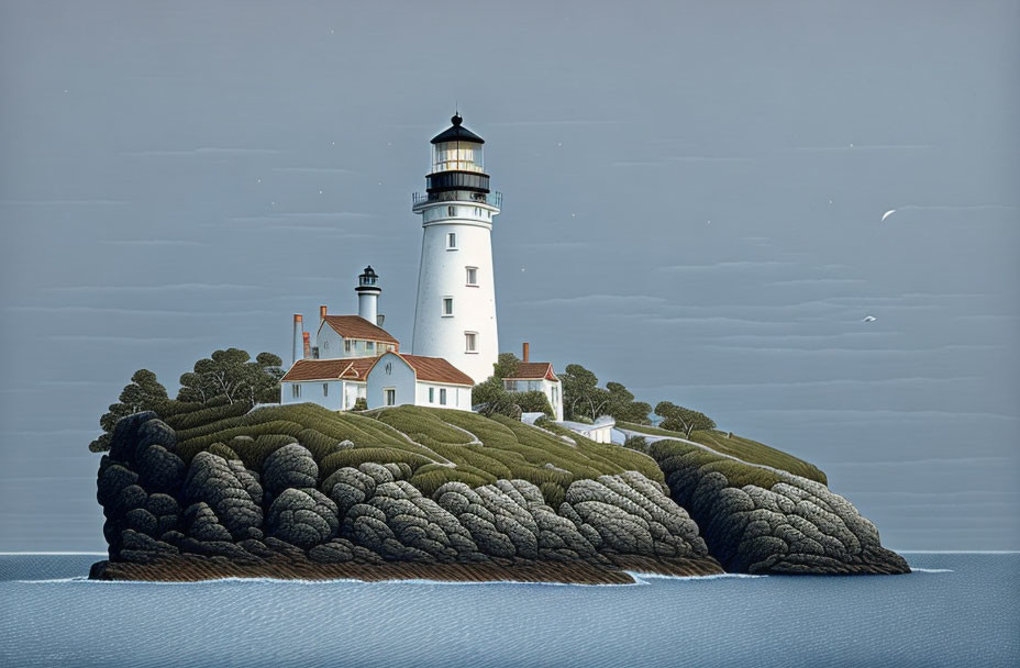 Tranquil lighthouse on forested island under crescent moon