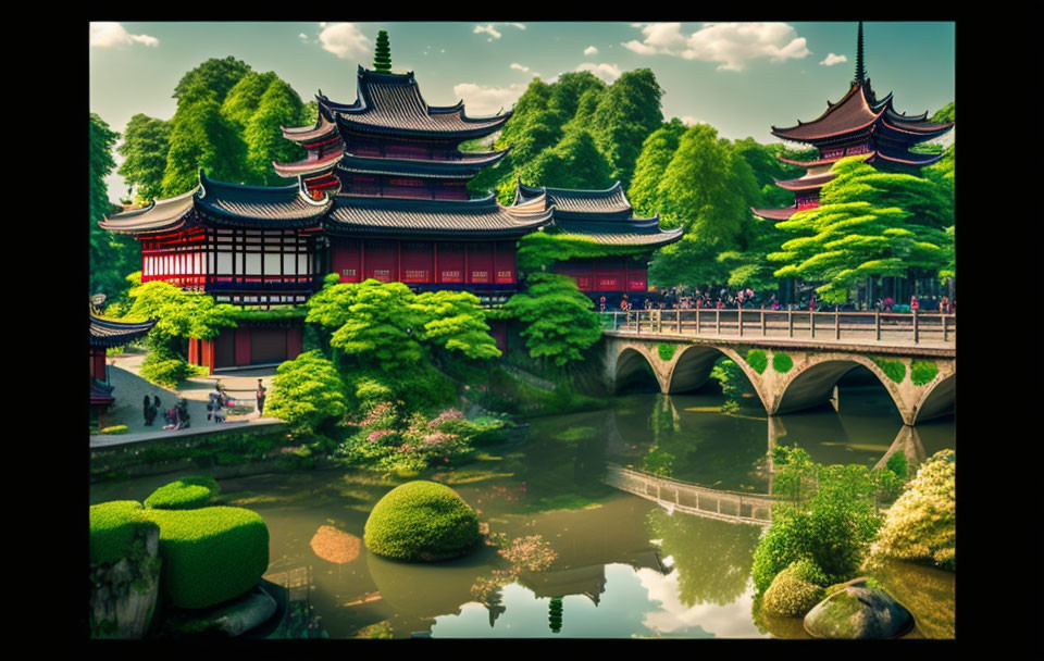 Asian Architecture: Multi-tiered Pagodas, Stone Bridge, Greenery