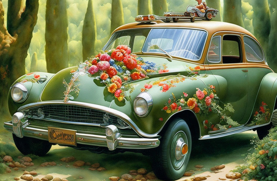 Vintage green car adorned with flowers and vines in enchanted forest scene