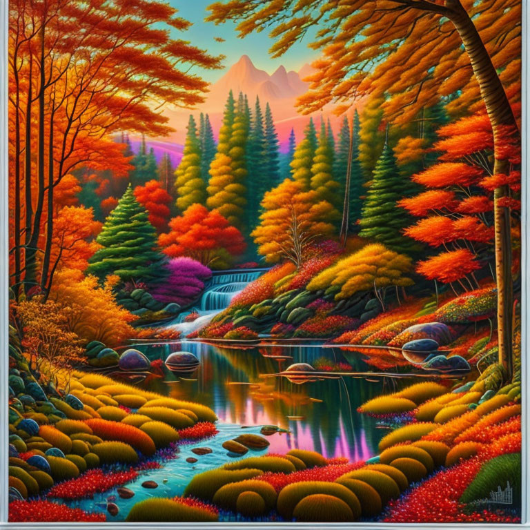 Vibrant landscape painting: waterfall, river, autumn trees, mountains, bright sky