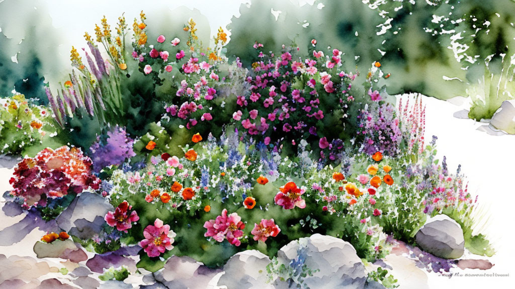 Colorful Watercolor Painting of Lush Garden Landscape