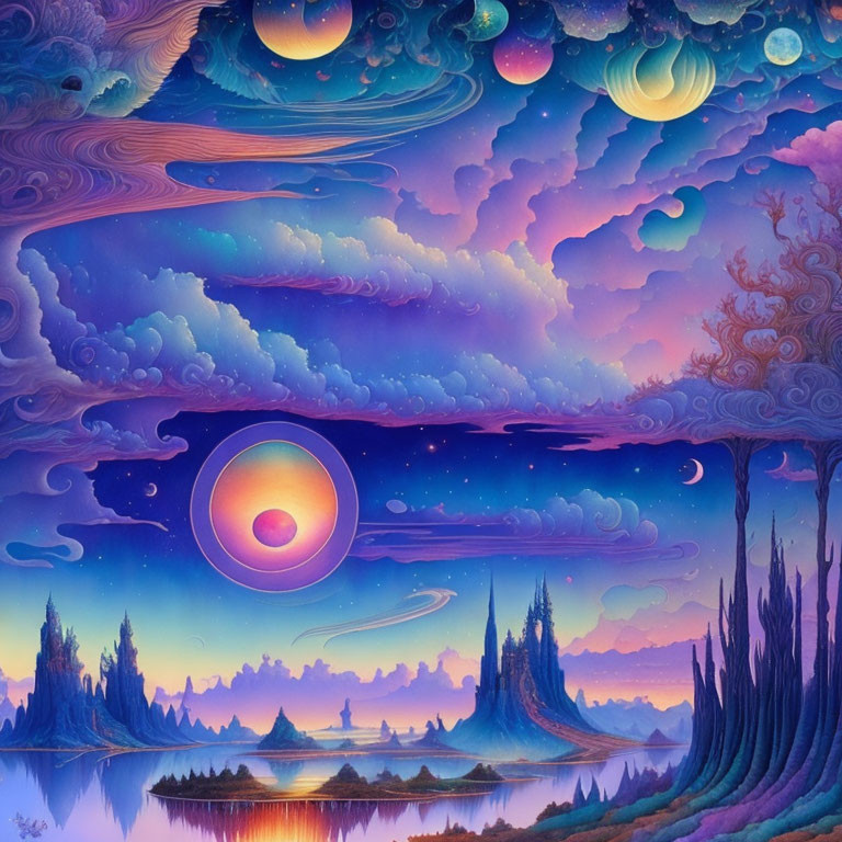 Surreal landscape with whimsical clouds and celestial bodies