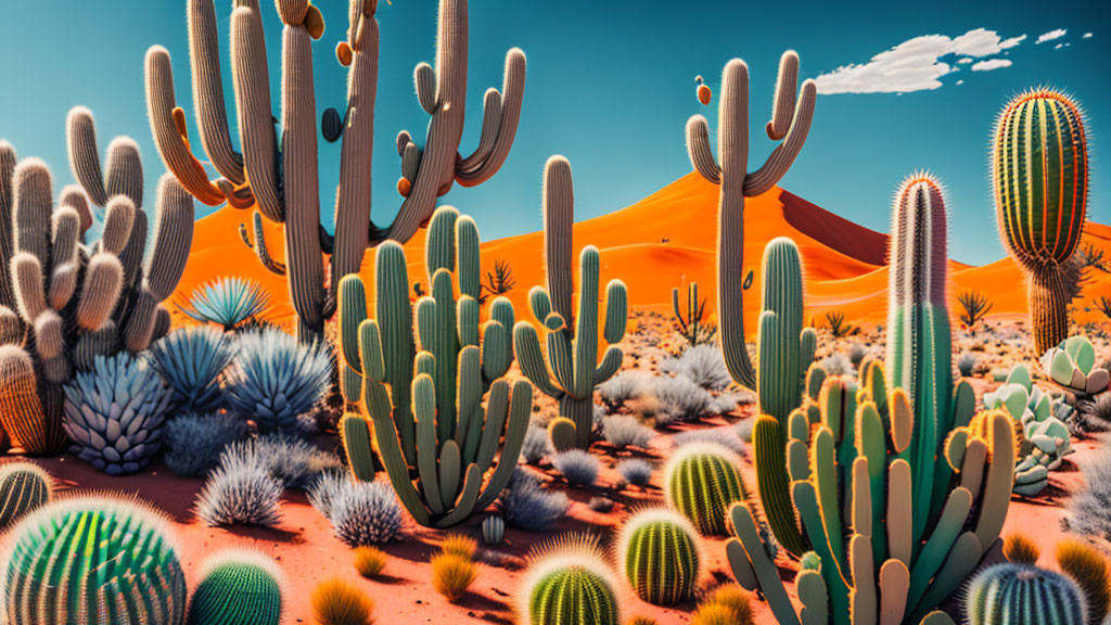 Colorful desert landscape with cacti, blue sky, and sand dune under sunlight