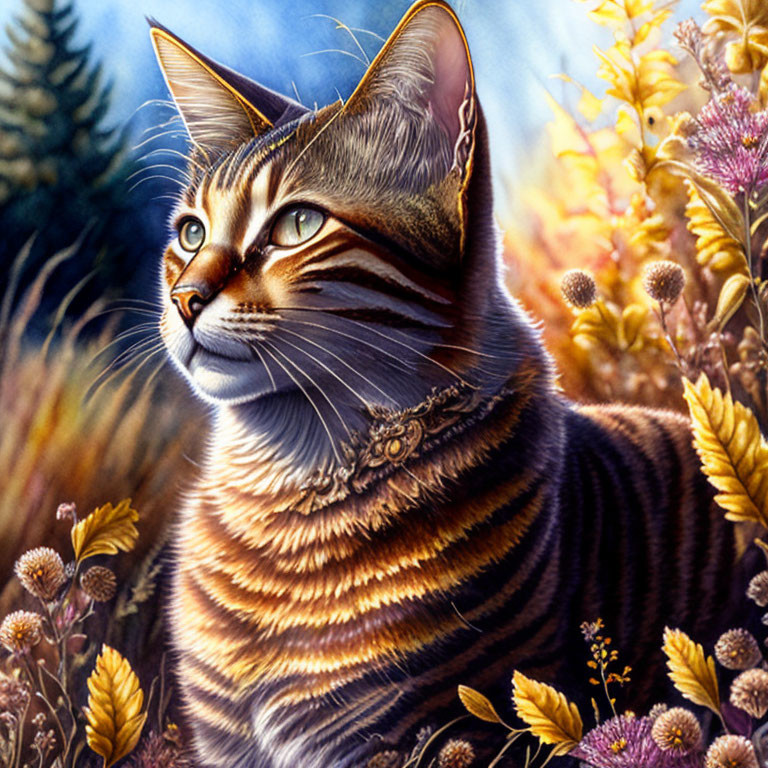 Detailed Tabby Cat Illustration with Floral Background