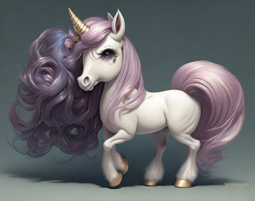 Digital illustration of unicorn with purple mane and golden horn