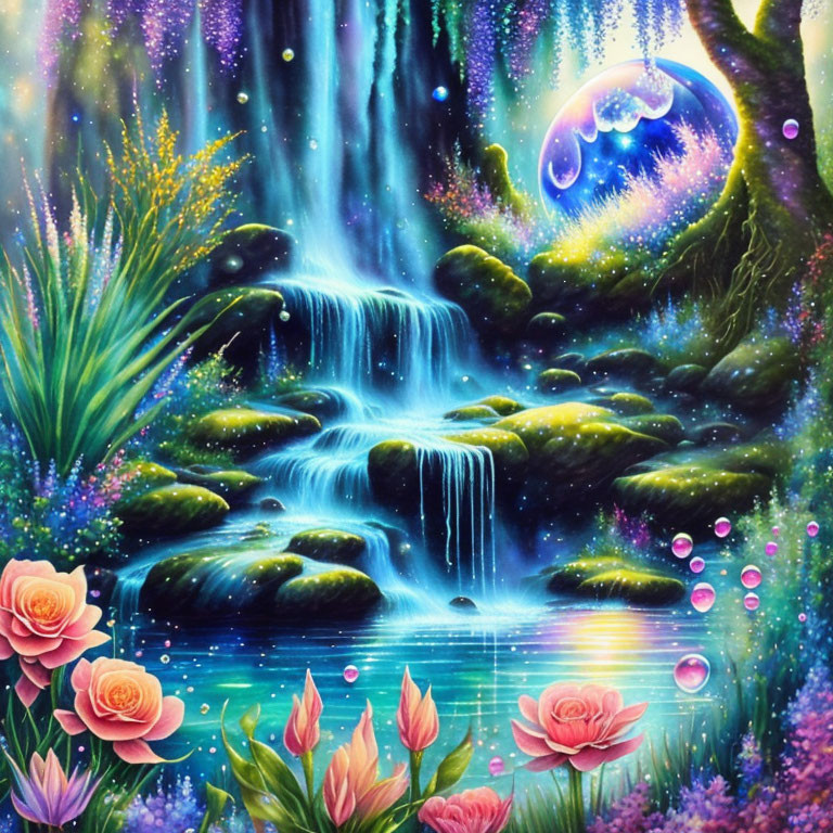 Fantasy landscape with waterfall, moss-covered rocks, glowing flowers, and mystical planet.