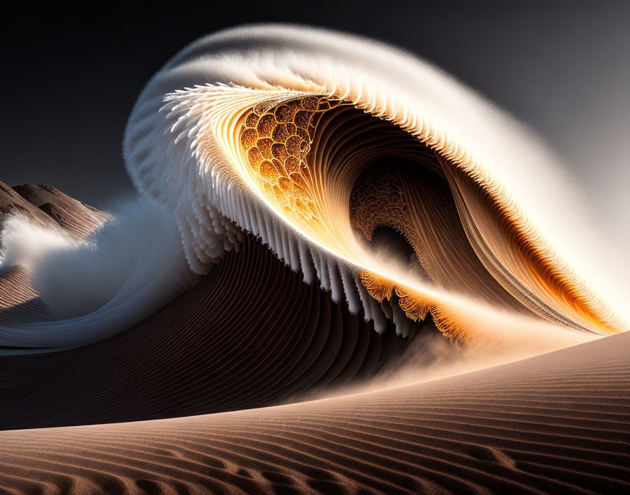 Surreal desert landscape with massive wave-like dune and intricate fractal patterns