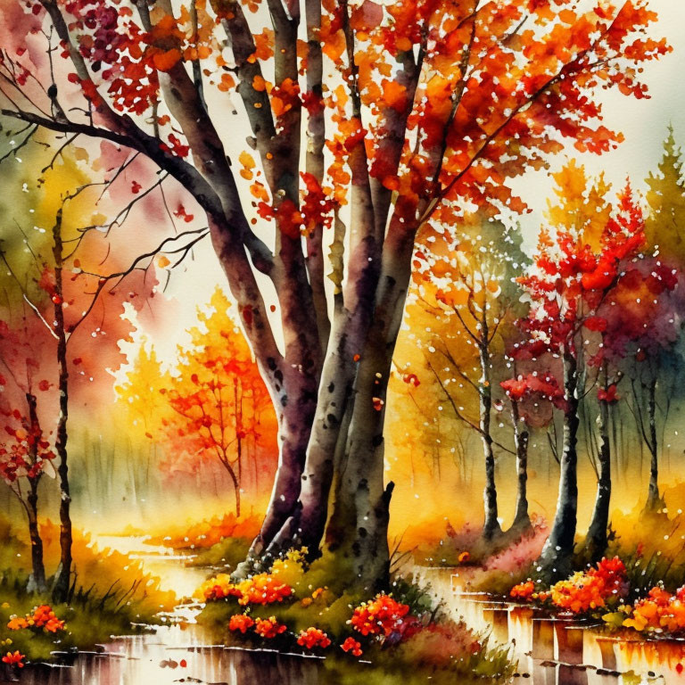 Sunlit autumn forest watercolor painting with golden, orange, and red foliage.