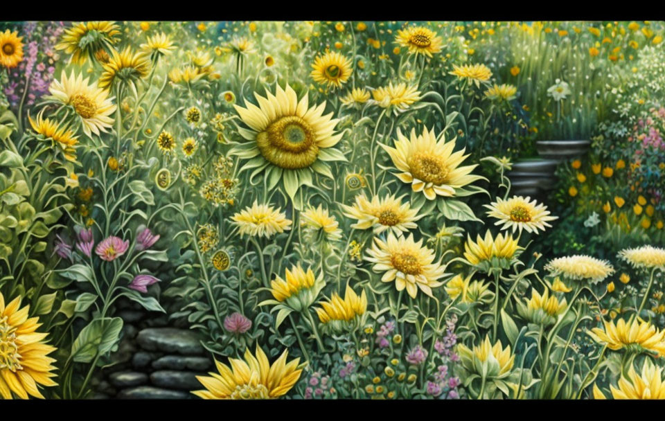 Colorful sunflower garden painting with lush foliage and stone detail