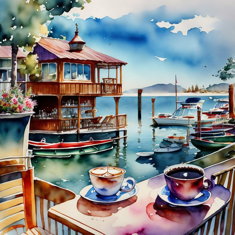 Serene lakeside scene with two coffee cups on a table