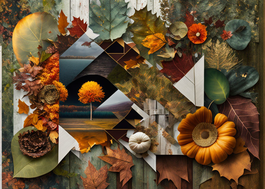 Autumnal collage featuring leaves, pumpkins, and fall trees in layered images