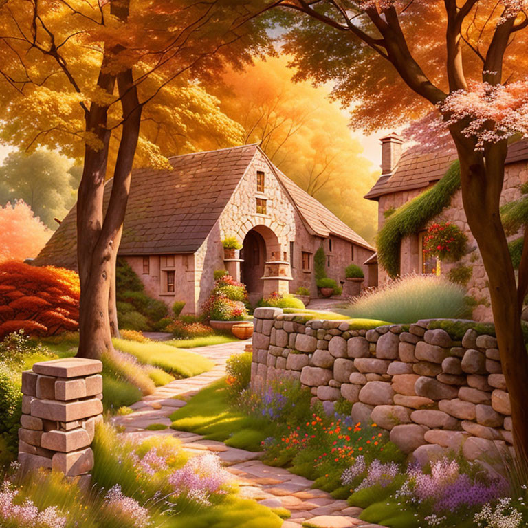 Charming stone cottage in autumn garden with cobblestone pathway