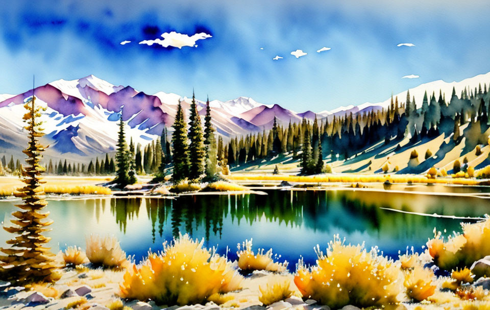 Serene mountain landscape watercolor painting with lake and snow-capped peaks