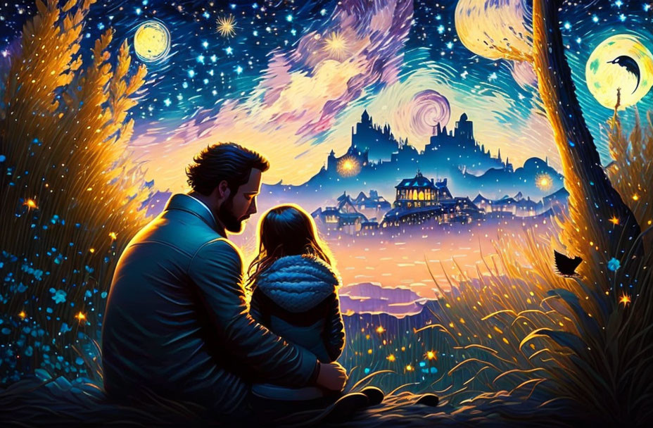 Illustration of figures in vibrant field under star-filled sky