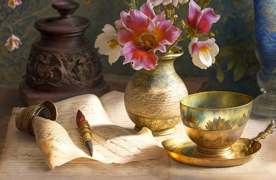 Classic Still Life with Open Book, Quill Pen, Floral Bowl, and Vase