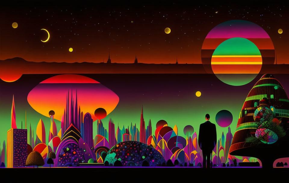 Colorful futuristic landscape with geometric structures and celestial bodies