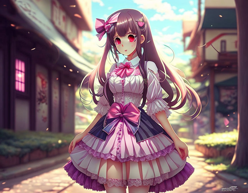 Long-haired animated girl in purple dress on sunlit street