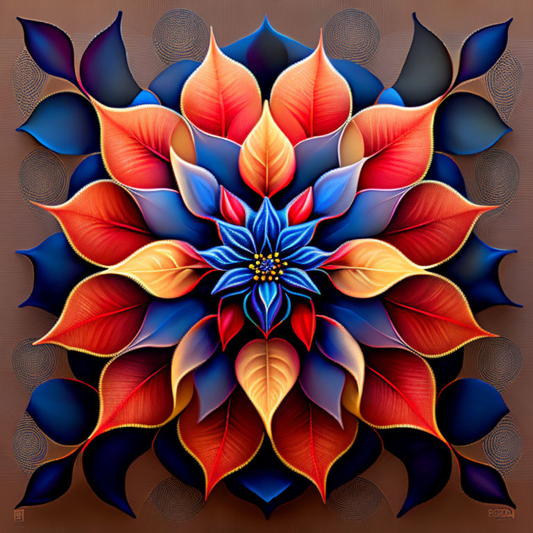 Symmetrical layered petal mandala in blue, orange, and red hues