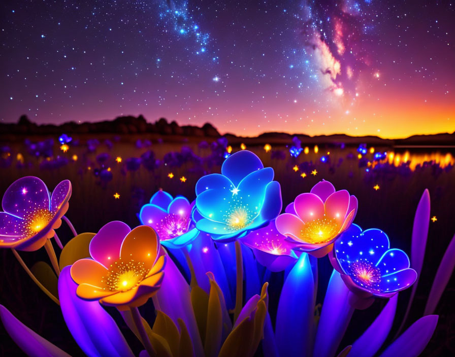 Colorful flowers under starry sky by tranquil lake at twilight