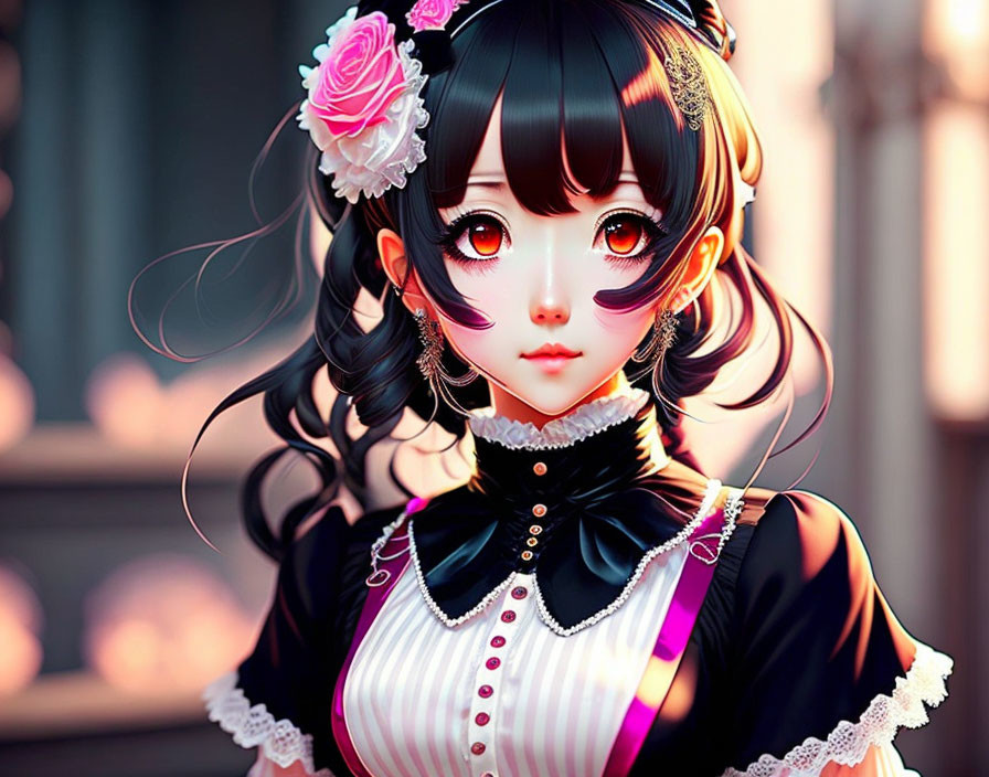 Anime girl in black and pink dress with large eyes and pink rose.