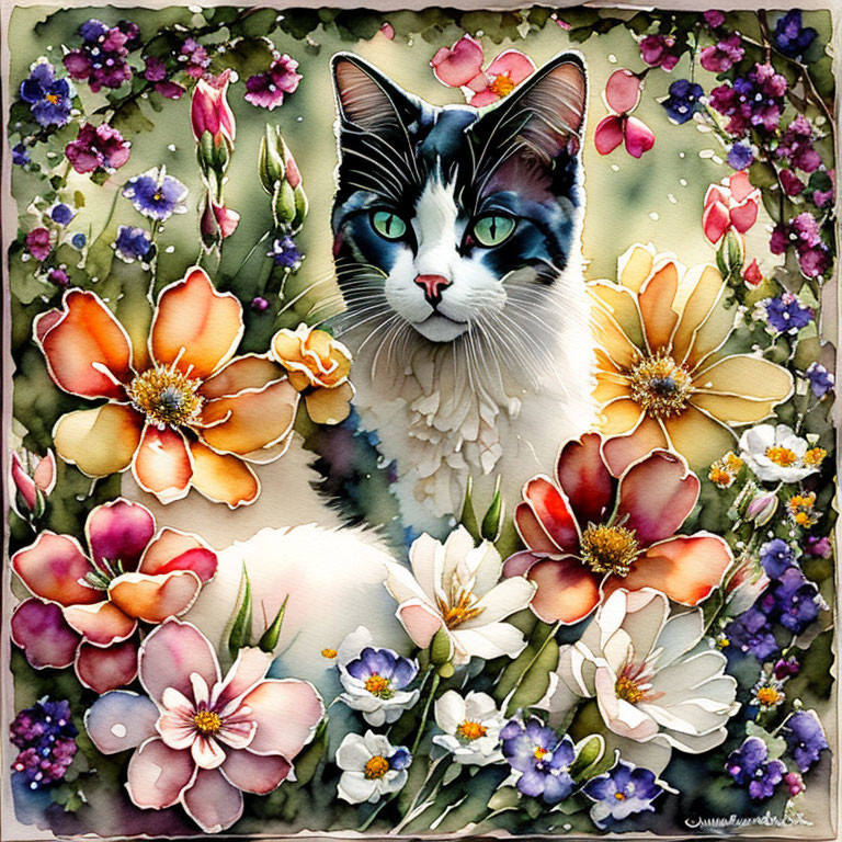 Cat with Blue Eyes in Colorful Flower Garden Painting