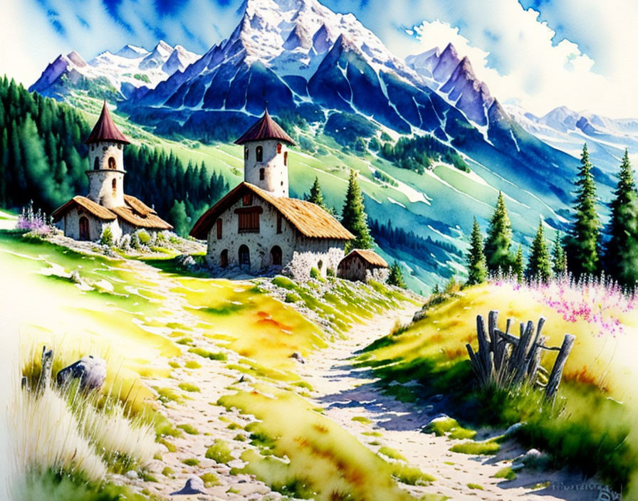 Scenic watercolor painting of countryside churches and mountains