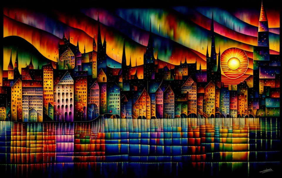 Colorful Cityscape Painting with Reflective Water & Aurora Sky