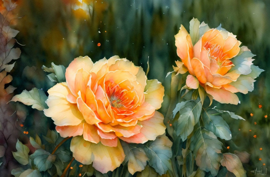 Vibrant Peach-Colored Roses in Full Bloom with Soft Green Leaves