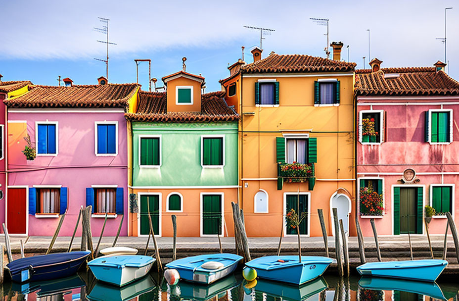 Colorful houses along serene canal with boats under clear sky