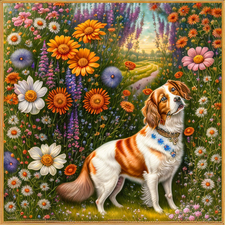 Small Spaniel Dog in Vibrant Flower Field at Sunset