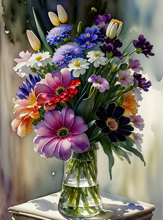 Colorful Flower Bouquet in Glass Vase on White Surface Against Watercolor Backdrop