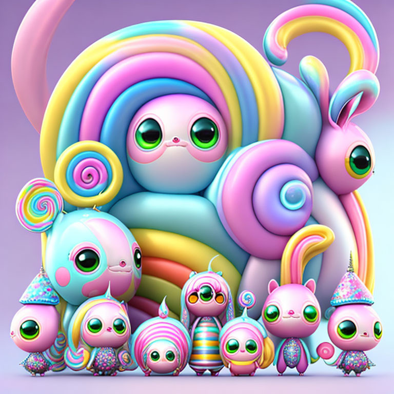 Colorful Big-Eyed Creatures with Pastel Rainbow Patterns on Purple Background