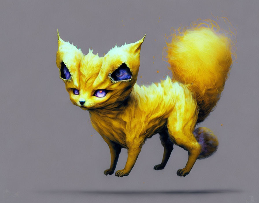 Yellow fantasy fox with purple eyes and fiery tail on gray background