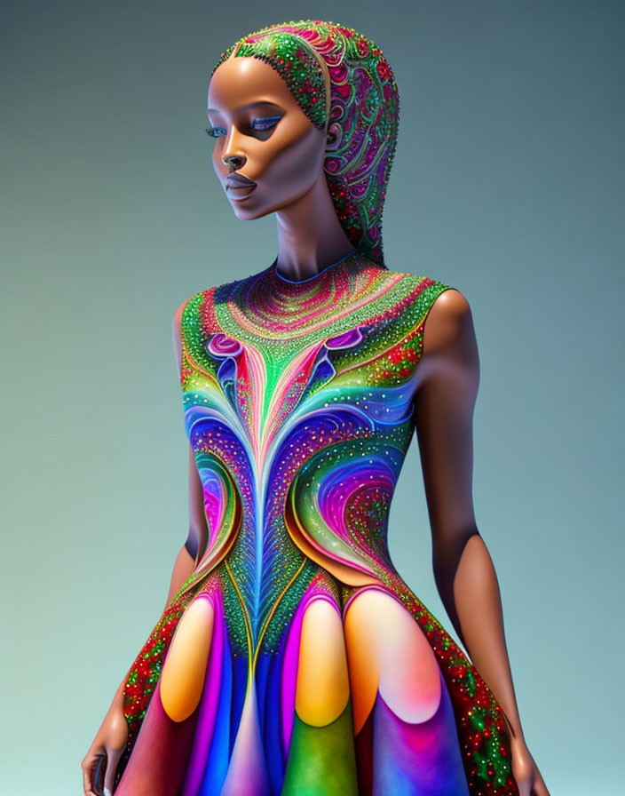 Vibrant Body Paint Swirls on Mannequin Against Gradient Background