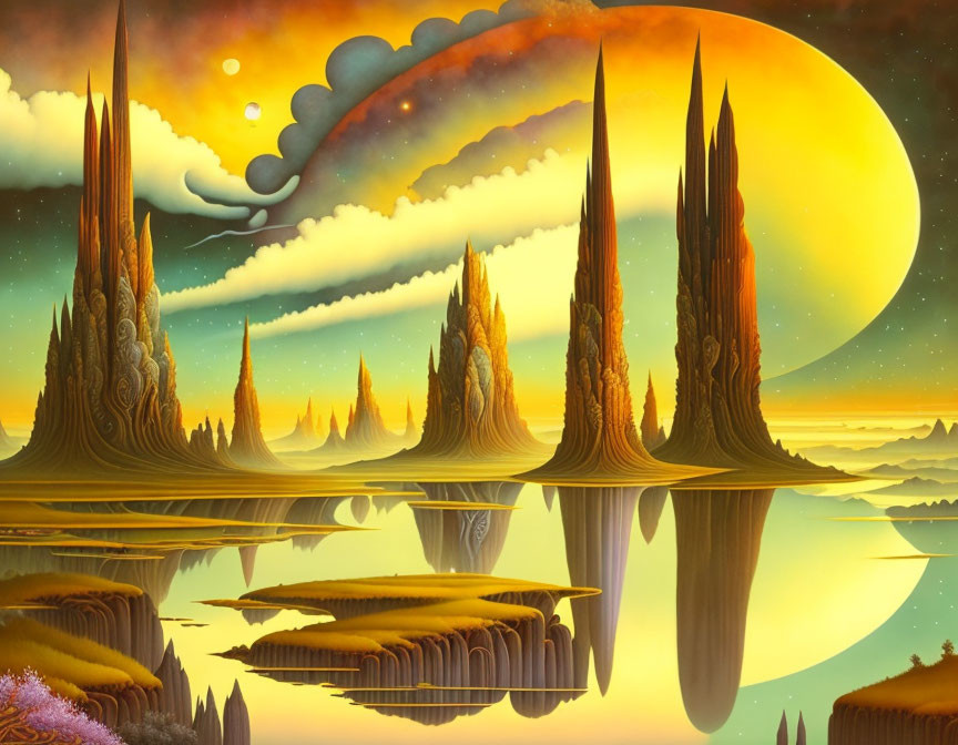 Fantastical landscape with towering spire-like formations under yellow sun