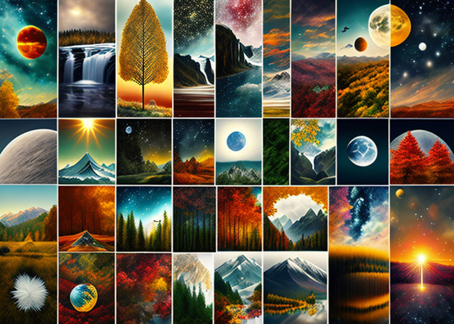 Colorful Nature Collage Featuring Landscapes, Celestial Events, and Seasons