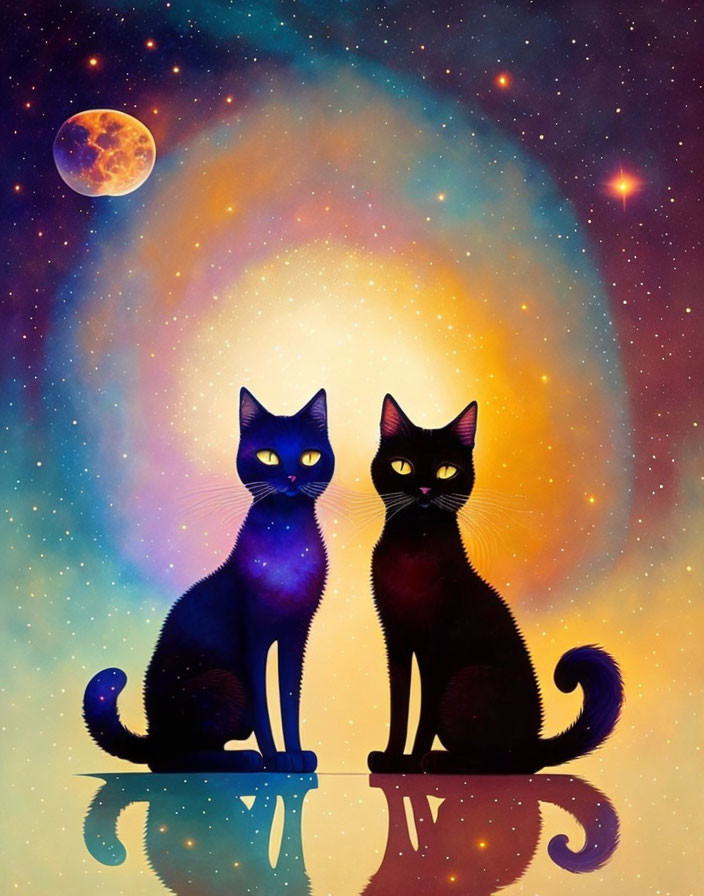 Silhouetted cats under celestial sky with glowing arch and moon