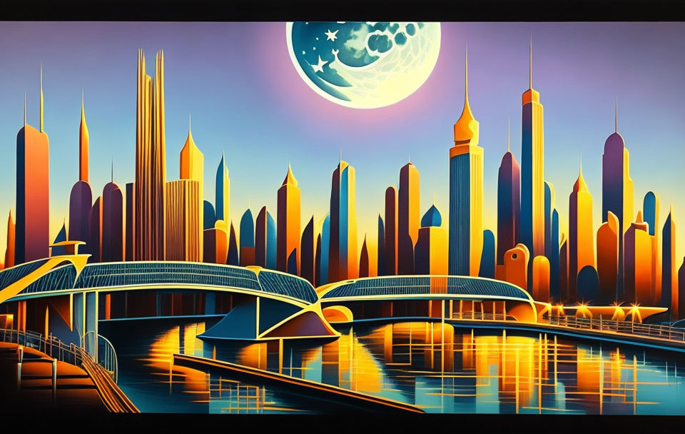 Futuristic cityscape with stylized skyscrapers and moonlit bridge