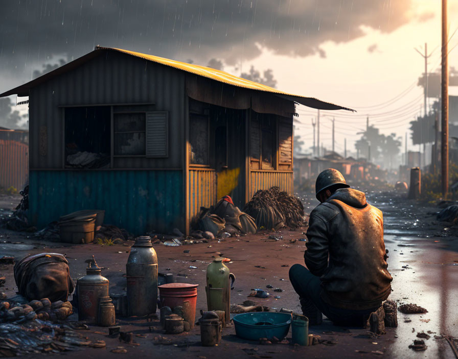 Person squatting in rundown urban area with metal cans, rain falling on desolate street.