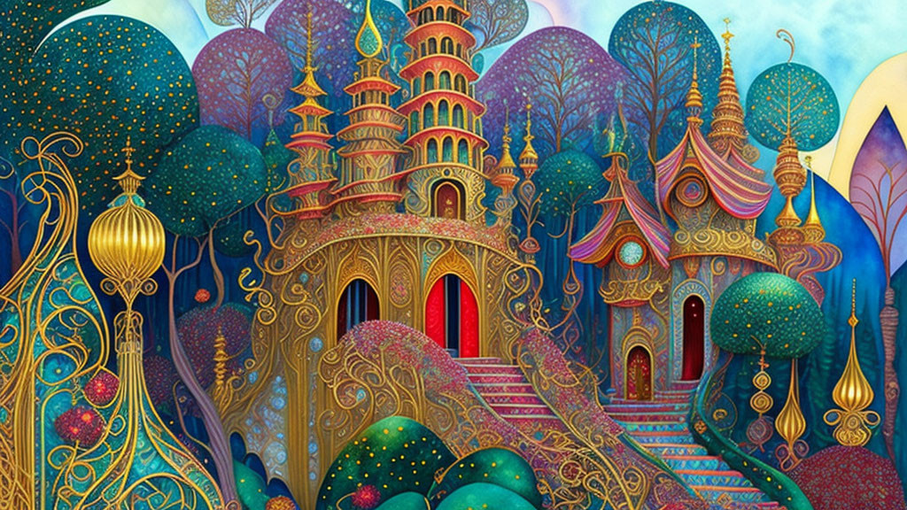 Colorful, intricate fairy-tale palace illustration with whimsical trees under starry sky