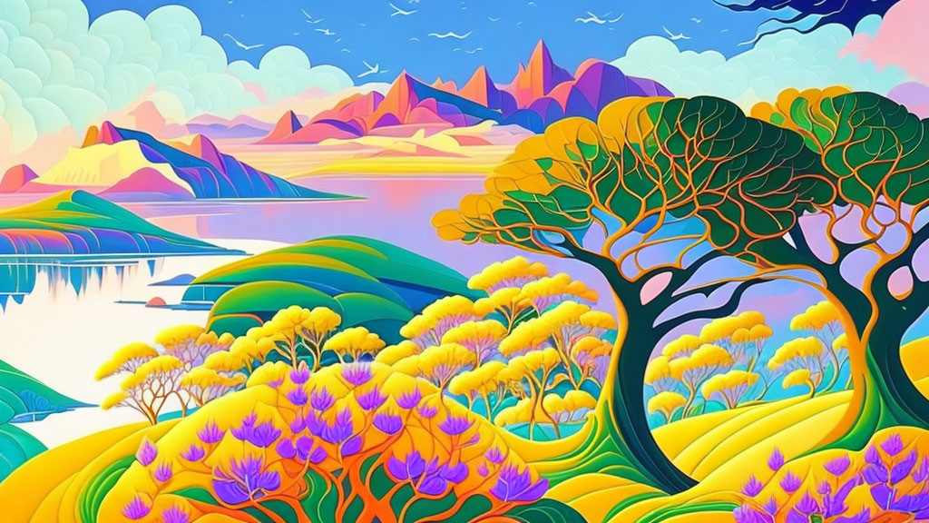 Colorful landscape with trees, hills, flowers, and mountains under a pastel sky