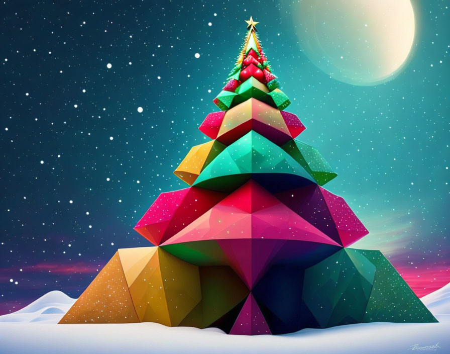 Colorful Geometric Christmas Tree Under Starry Night Sky