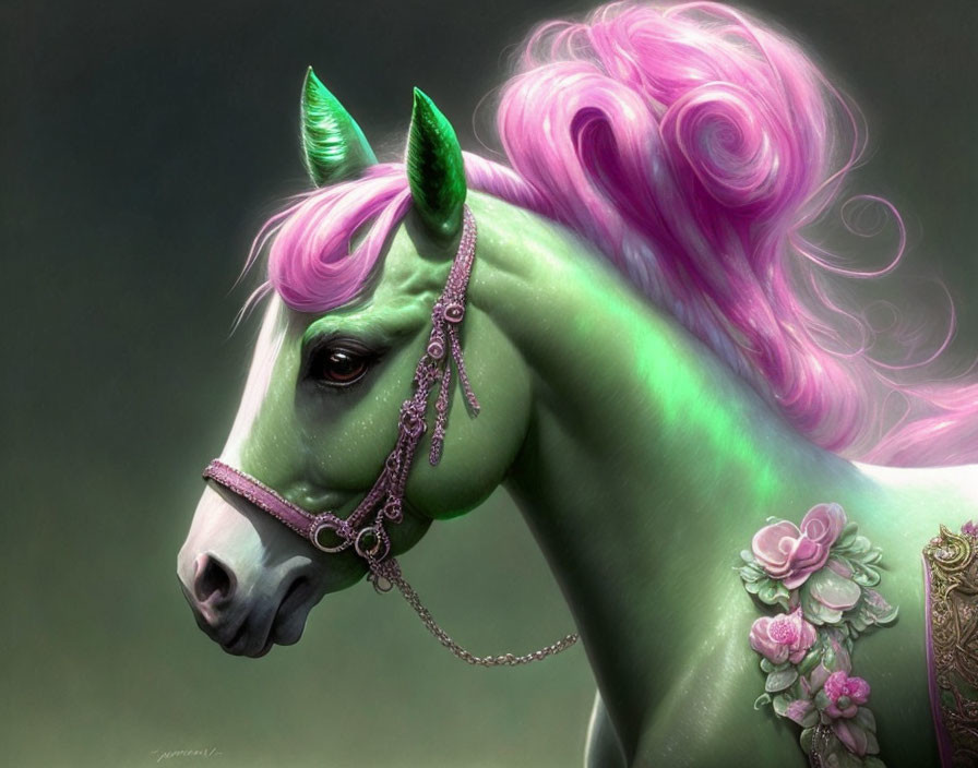 Fantasy illustration: Green horse with pink mane, unicorn horn, floral & jeweled accessories