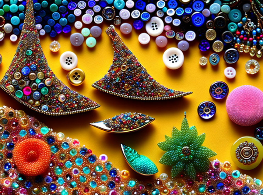 Vibrant Beads, Buttons, and Miniature Shoes on Yellow Background