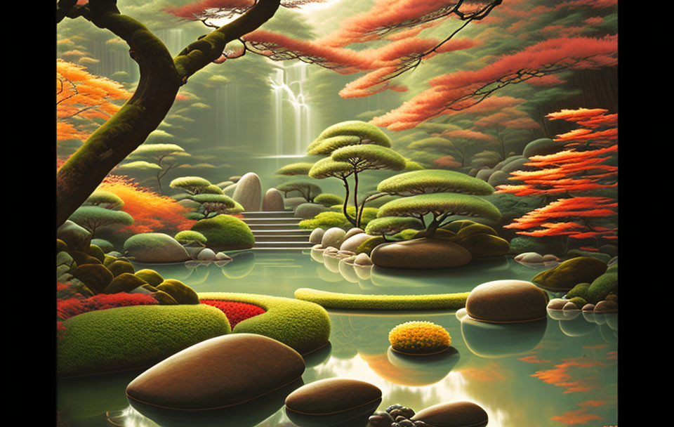 Tranquil fantasy landscape with moss-covered rocks, river, trees with orange and green foliage, and