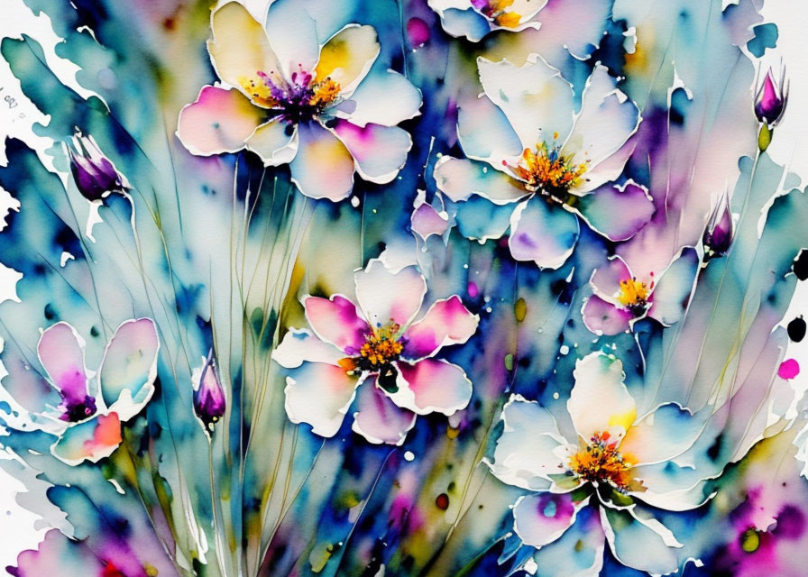 Colorful Watercolor Painting of Delicate Flowers on Blue and Green Background