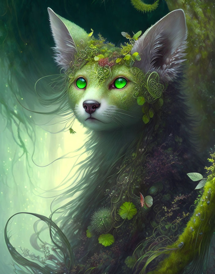 Green-eyed fox with leaf crown in enchanted forest.