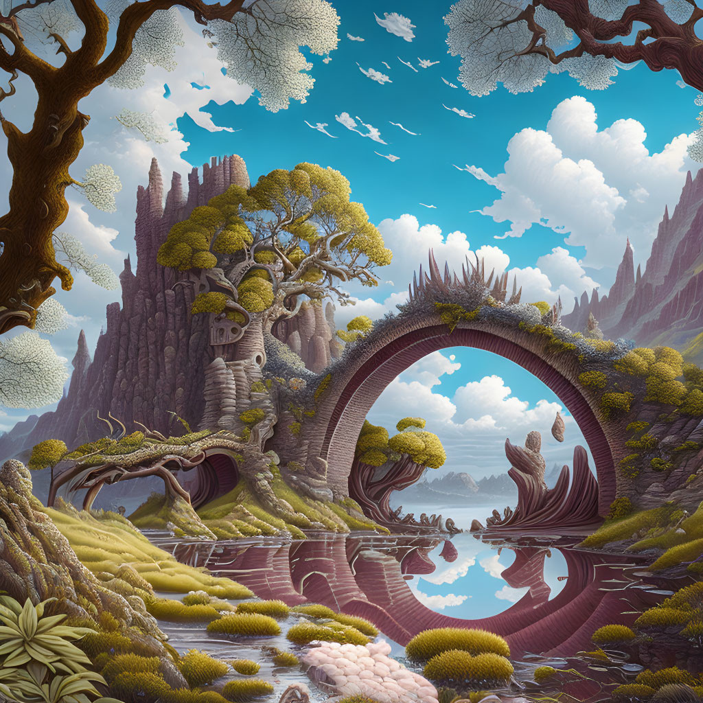 Fantastical landscape with arched stone bridge, whimsical trees, and towering rock formations